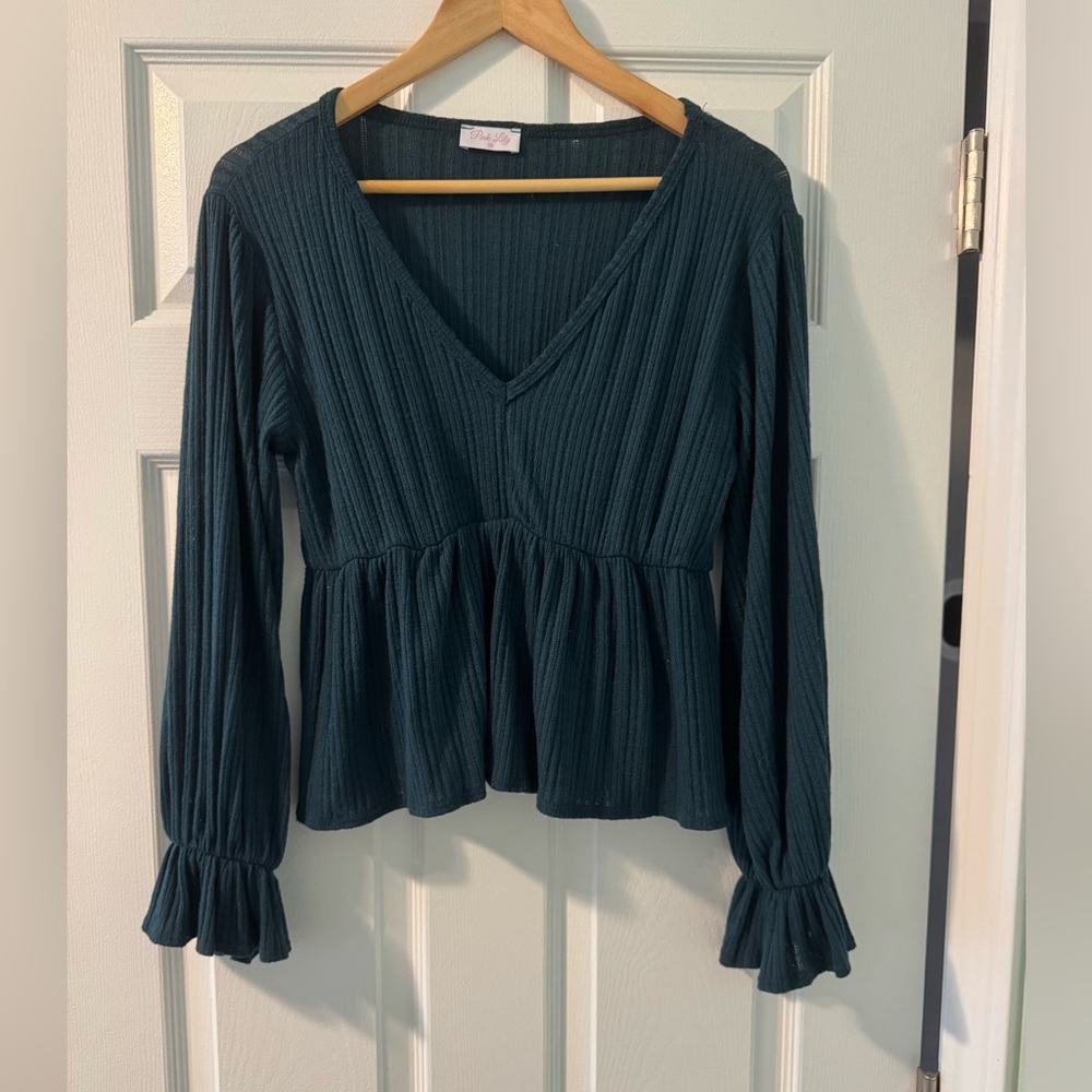 Pink Lily Blue Puff Sleeve Blouse with Ruffled Peplum